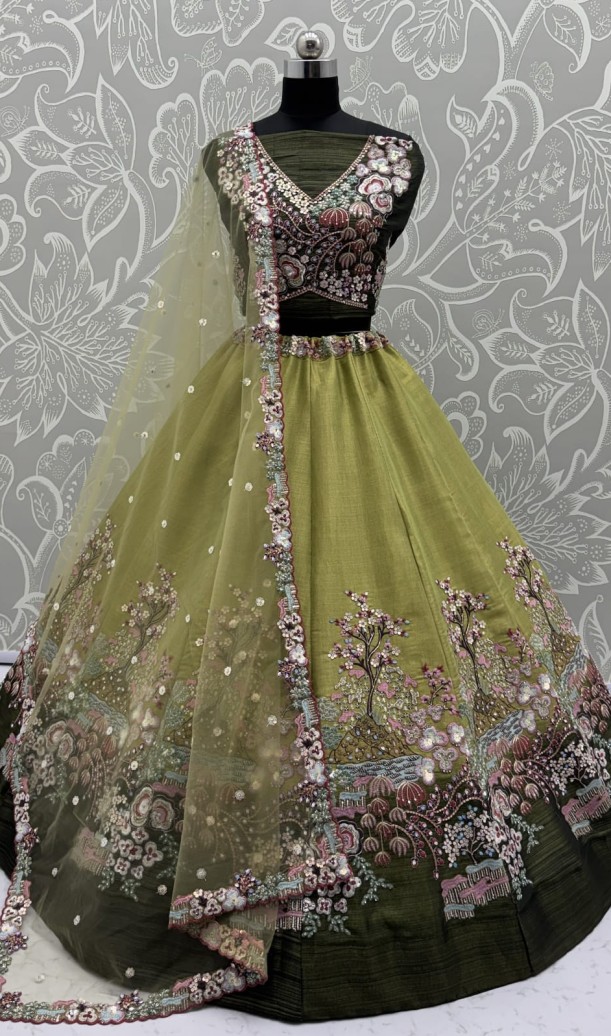 Eye-Catchy Green Color Range Rainbow Shaded Sequins Work Partywear Lehengacholi 