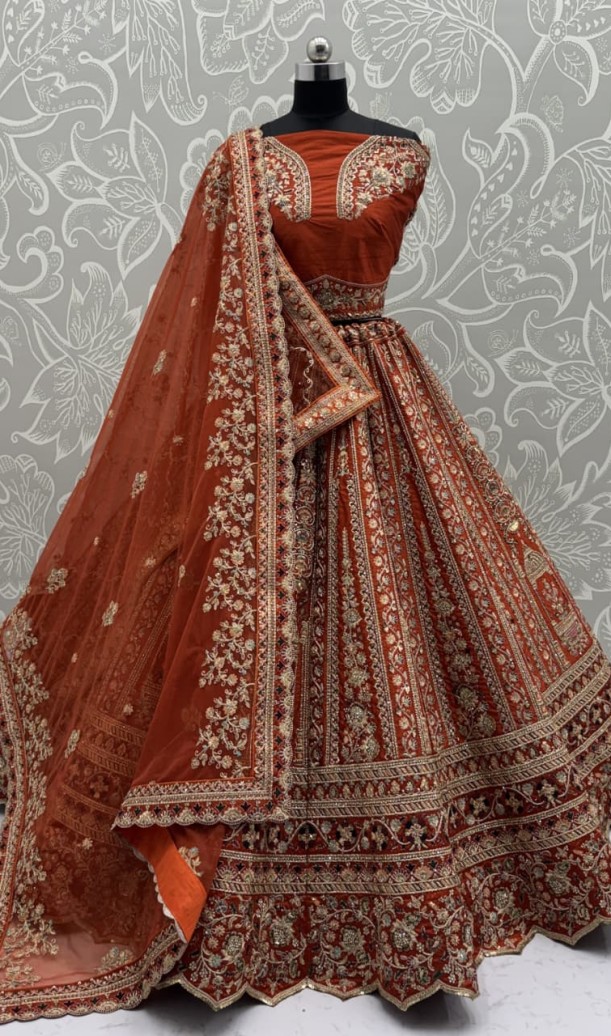Double Orange Dupatta Combine Beautiful Color Cadbury Silk Designer Bridal Lehenga Choli 