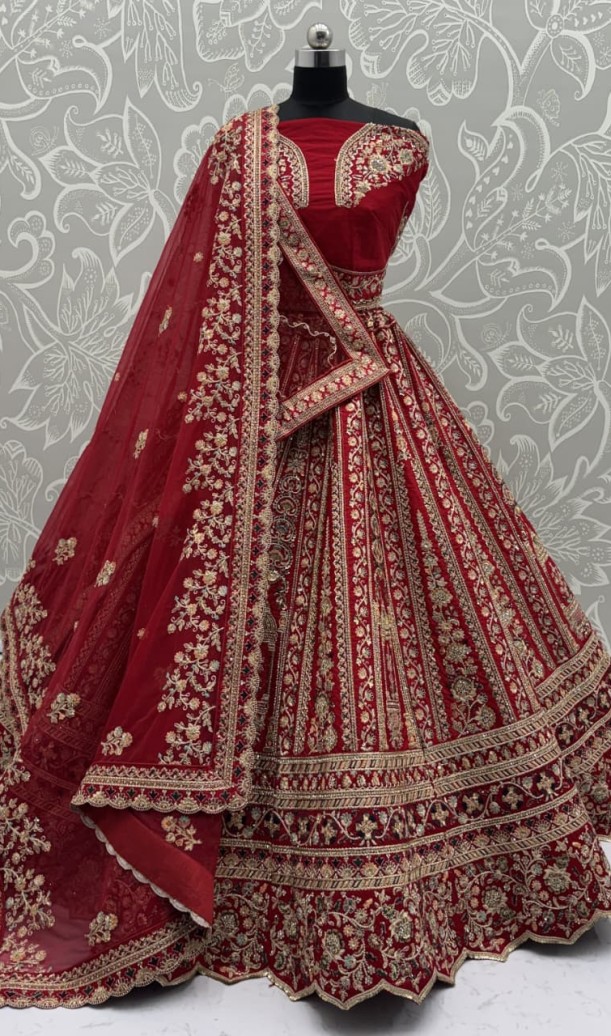Double Red Dupatta Combine Beautiful Color Cadbury Silk Designer Bridal Lehenga Choli 