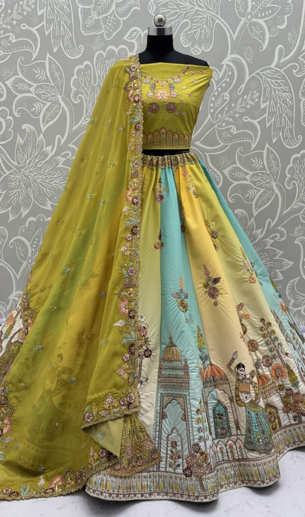 Exceptional Lime Green Craft Embroidery Patch on Multi Color Lehenga with Sober Embroidery work on it with beautiful dupatta and Blouse 