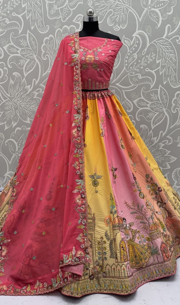 Exceptional pink Craft Embroidery Patch on Multi Color Lehenga with Sober Embroidery work on it with beautiful dupatta and Blouse 