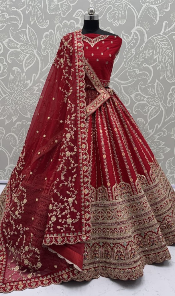 Details Red Embroidered Perfect Bridal Lehenga Choli with double Dupatta 