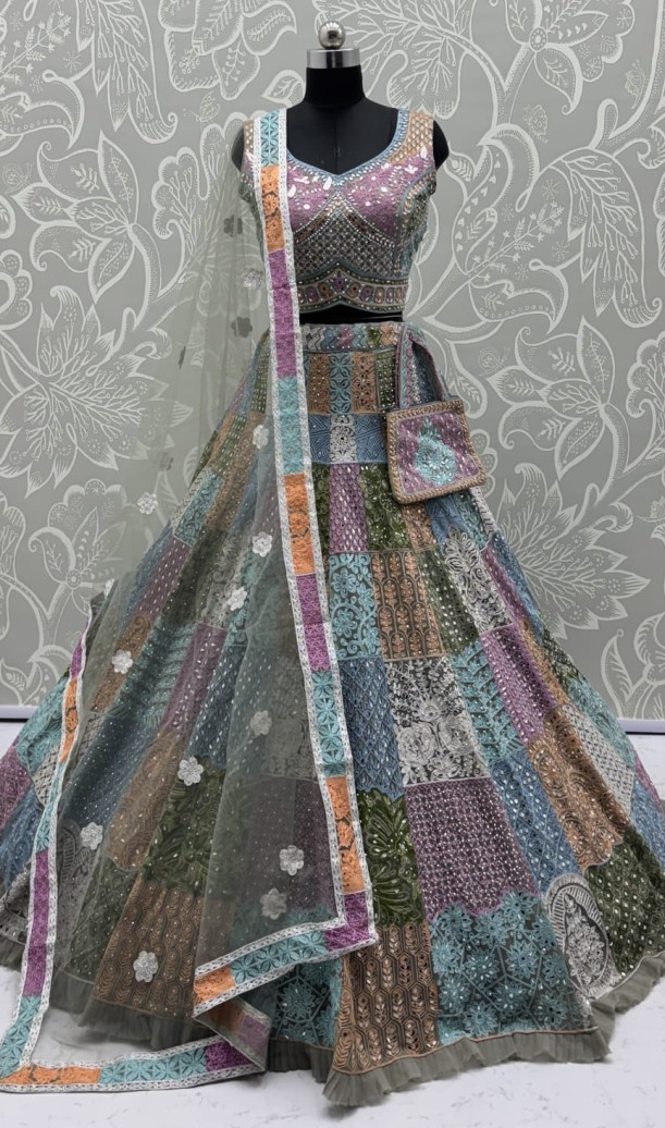 Full Flaired Chain Embroidery with Real Mirror work Designer Lehenga Choli 