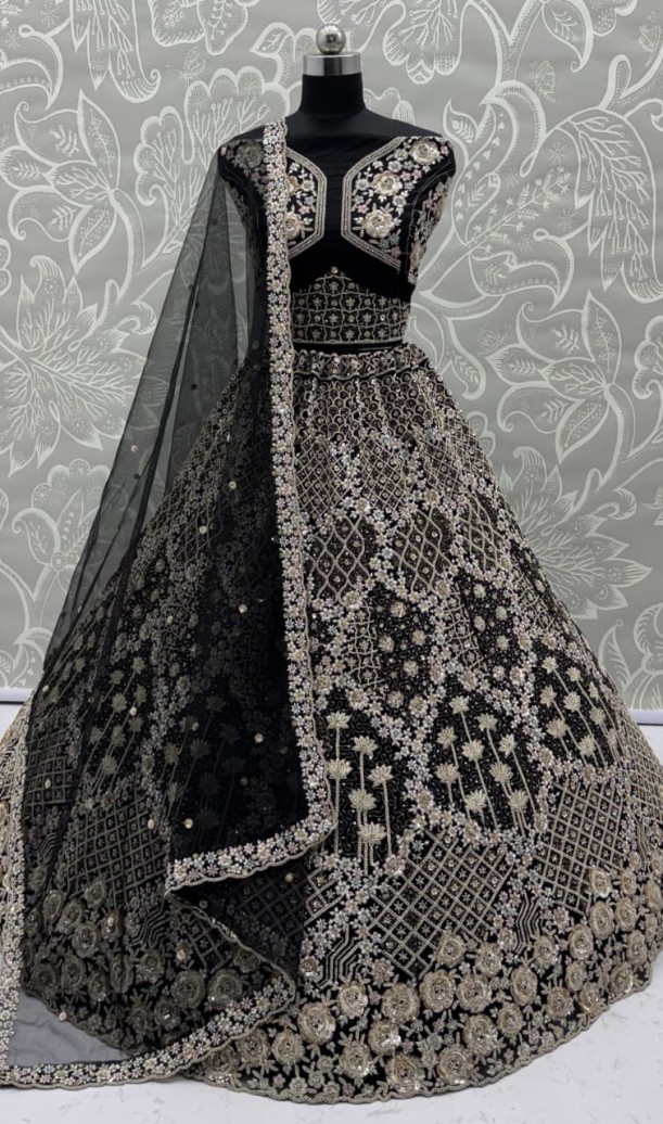 Designer Work Combine with Pattern Embroidery Double Net Crafted Black Color Beautiful Lehengacholi 