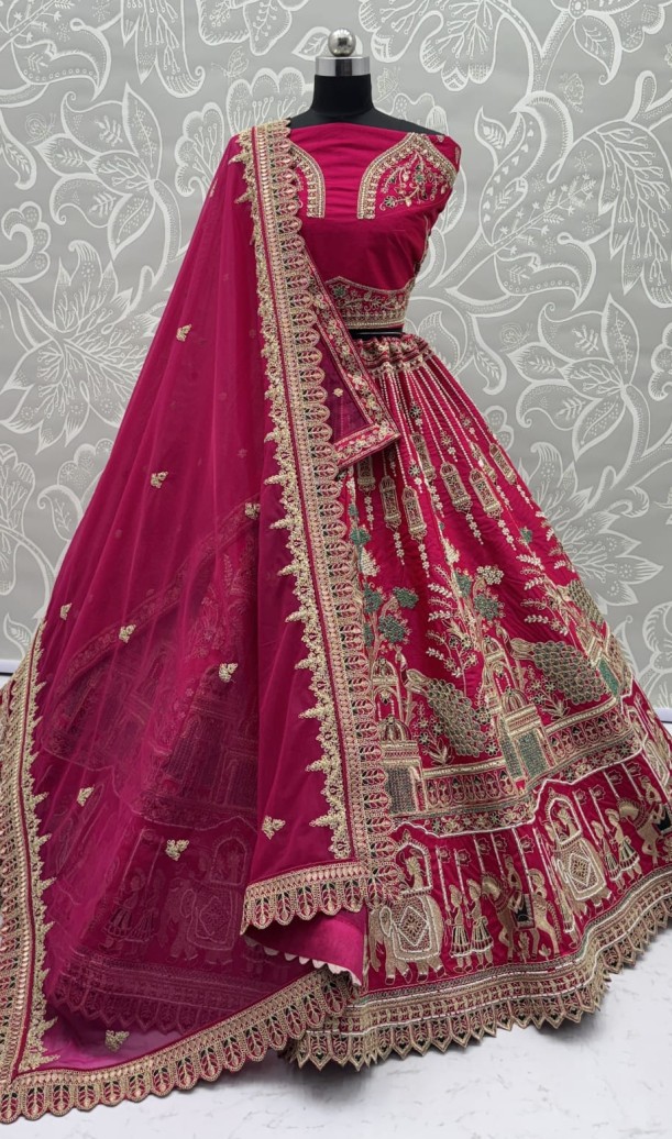 Outstanding Pink Embroidered Silk Bridal Lehenga Choli With Double Dupatta