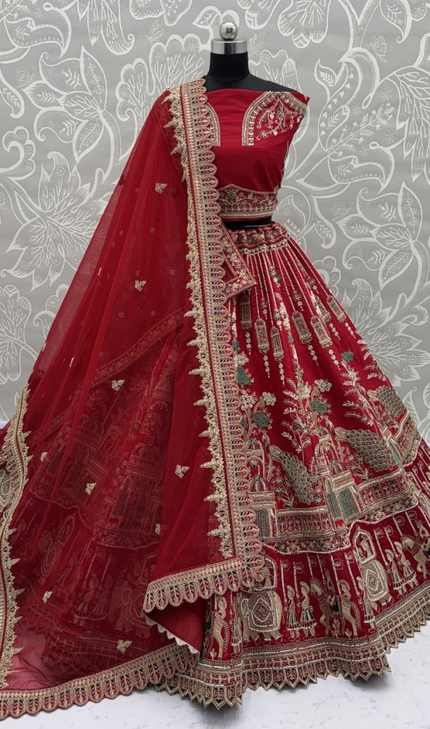 Graceful Red Embroidered Silk Bridal Lehenga Choli With Double Dupatta