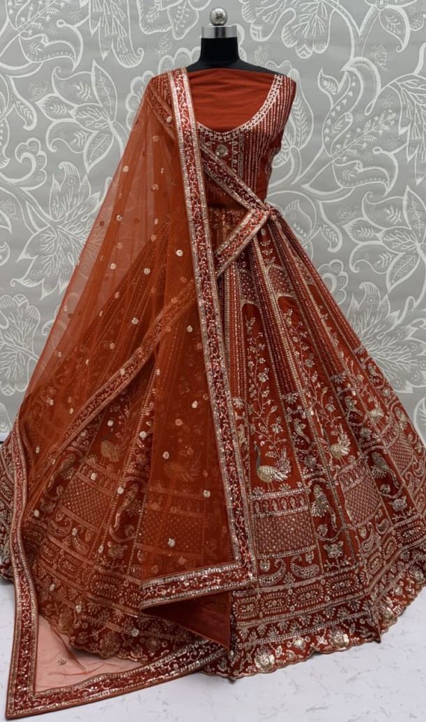 Beautiful Rust Orange Sequins Silk Bridal Lehenga Choli With Double Dupatta