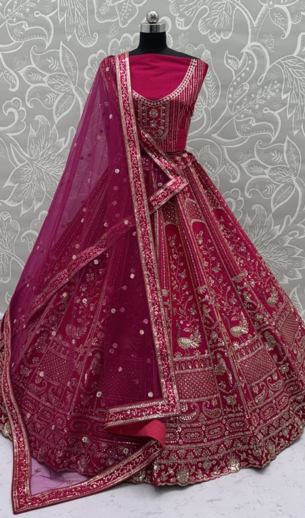 Classy Pink Thread Work Silk Bridal Lehenga Choli With Double Dupatta