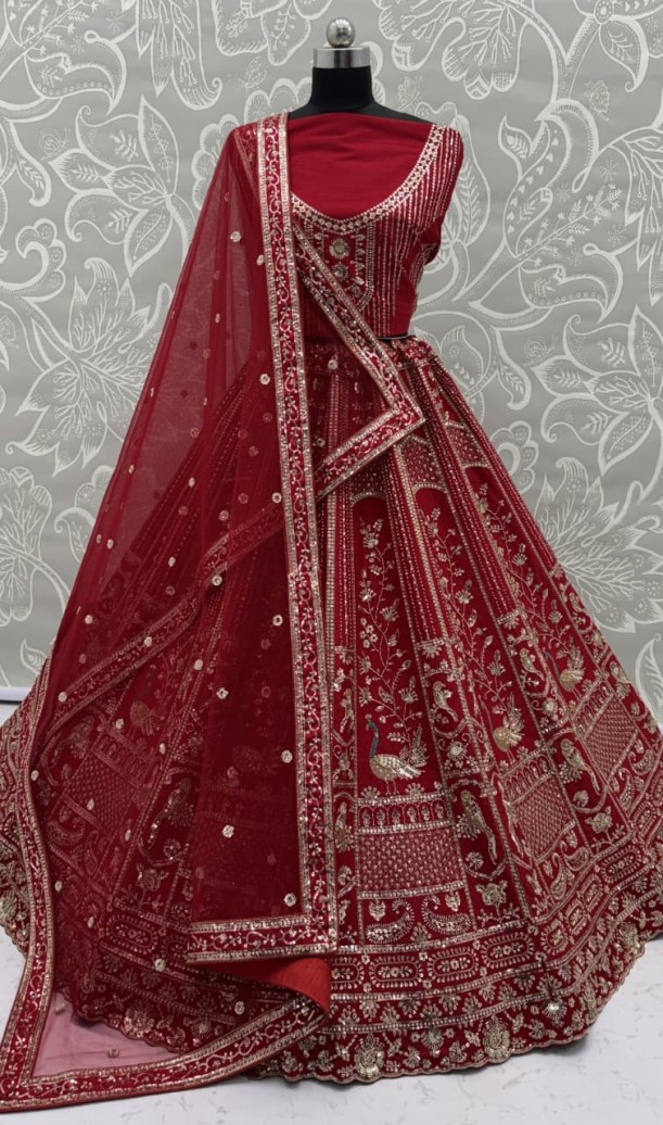 Astonishing Red Hand Work Silk Bridal Lehenga Choli With Double Dupatta