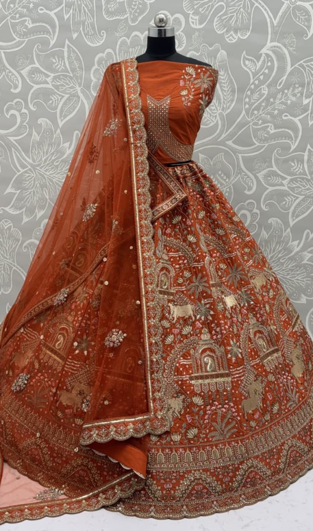 Exclusive Orange Figure Embroidered Designer Bridal Lehenga Choli
