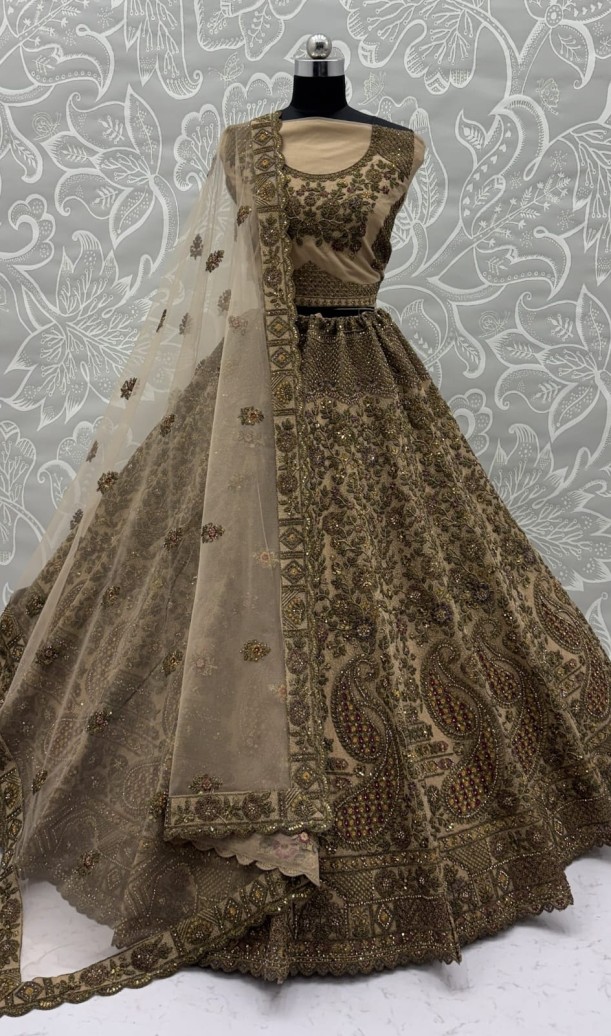 Grand Beige Zari Embroidery Net Sangeet Wear Lehenga Choli With Dupatta