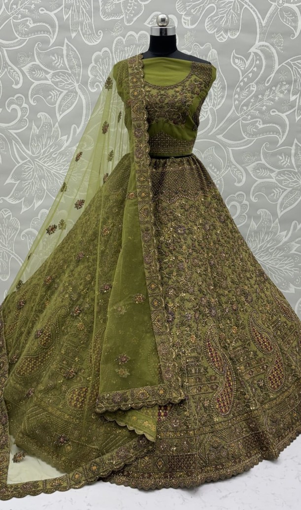 Excellent Olive Green Sequins Net Bridal Lehenga Choli With Dupatta
