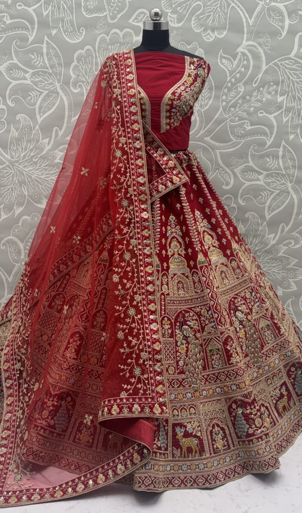 Sensational Red Thread Work Silk Bridal Lehenga Choli With Double Dupatta