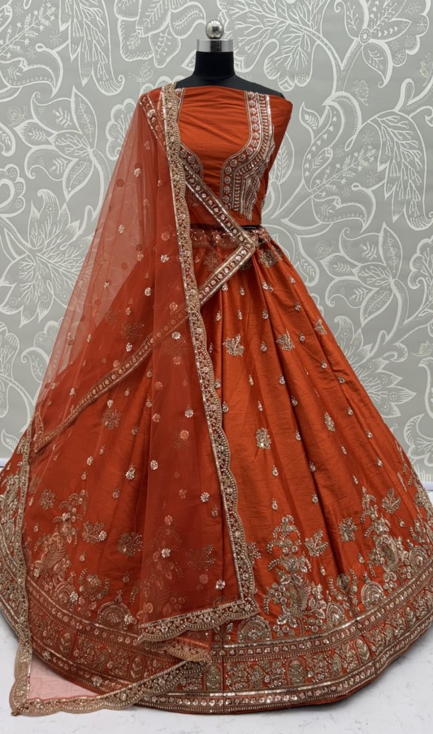 Royal Orange Dori Work Silk Bridal Lehenga Choli With Double Dupatta