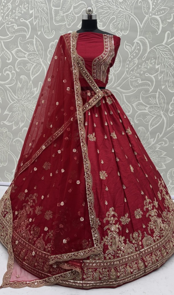 Appealing Red Bead Work Silk Bridal Lehenga Choli With Double Dupatta