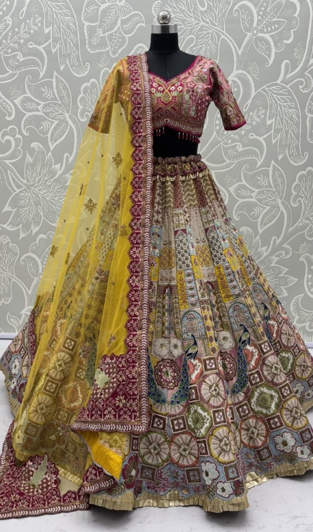 Multicolor Gadhwal Silk Embroidered Sequins With Beads Embellished Lehenga Wedding Wear Multicolor Gadhwal Silk Embroidered Sequins With Beads Embellished Lehenga Wedding Wear