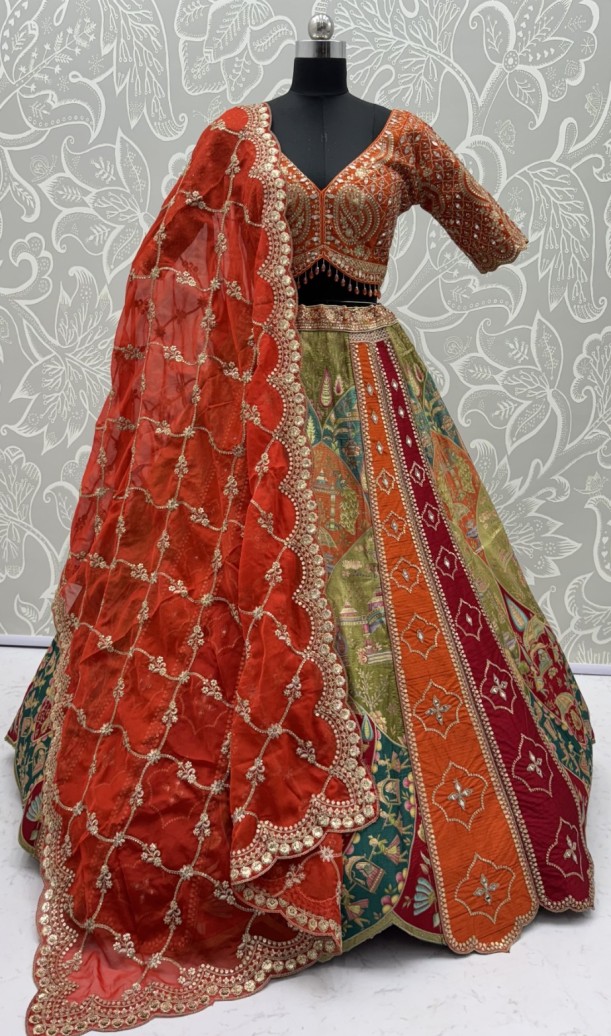 Multi Orange Color Multi Thread Work Bridal Lehenga Choli Multi Orange Color Multi Thread Work Bridal Lehenga Choli