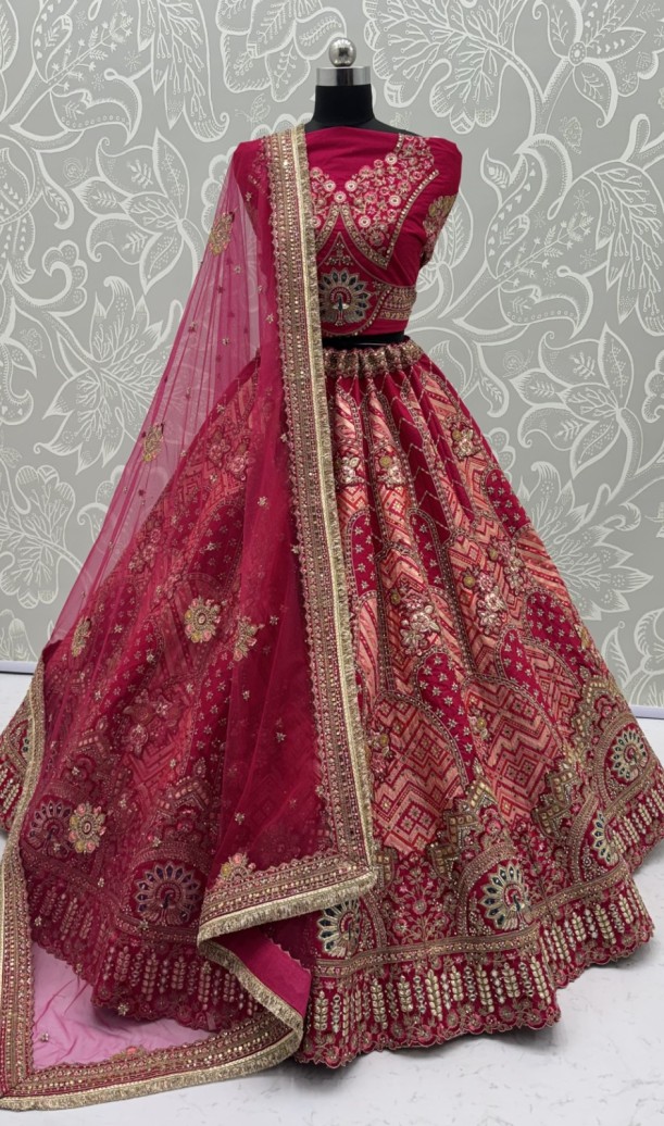 Pink Pure Soft Gadhwal Silk Heavy Embroidery Work Bridal Lehenga Choli - Rani Pink Pink Pure Soft Gadhwal Silk Heavy Embroidery Work Bridal Lehenga Choli - Rani Pink