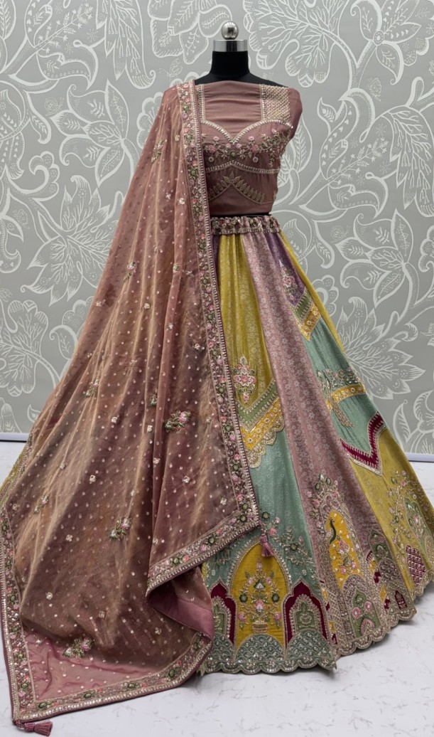 Multi-Color Silk Patch Work & Moti,Beads Work Designer Semi-Stitched Lehenga Choli Multi-Color Silk Patch Work & Moti,Beads Work Designer Semi-Stitched Lehenga Choli