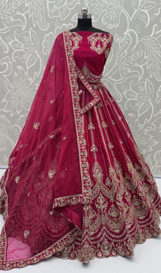 Rani-Pink Silk Bridal Embroidered using Beads, Moti, Cotton Multi-Thread Handwork Semi-Stitched Lehenga Choli