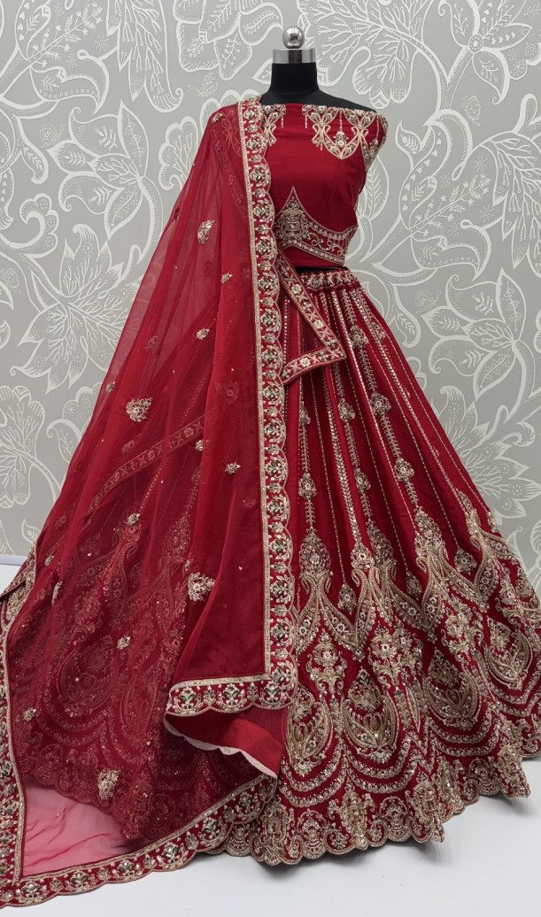 Red Silk Bridal Embroidered using Beads, Moti, Cotton Multi-Thread Handwork Semi-Stitched Lehenga Choli