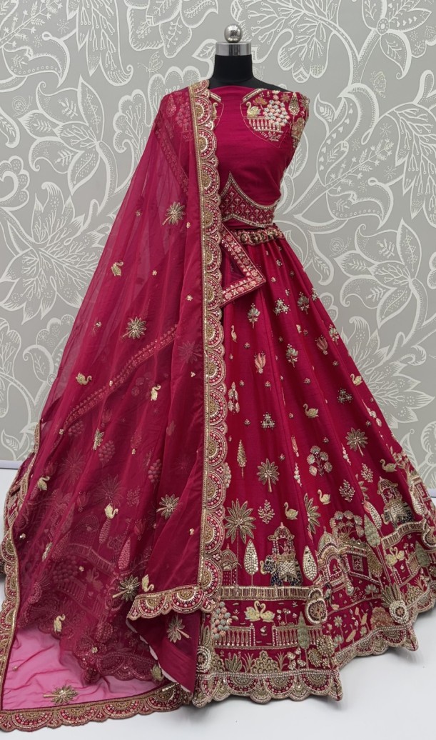 Rani-Pink Silk Ethnic Motif Handwork Golden Sequins-Thread Work Bridal Semi-Stitched Lehenga Choli Rani-Pink Silk Ethnic Motif Handwork Golden Sequins-Thread Work Bridal Semi-Stitched Lehenga Choli