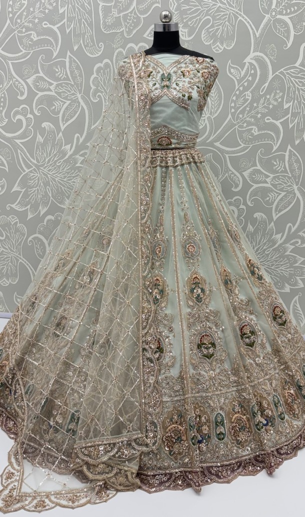 Pastel Green Net Golden Beads ,Multi-color Thread, Sequin Handwork Semi-Stitched Lehenga Choli Pastel Green Net Golden Beads ,Multi-color Thread, Sequin Handwork Semi-Stitched Lehenga Choli