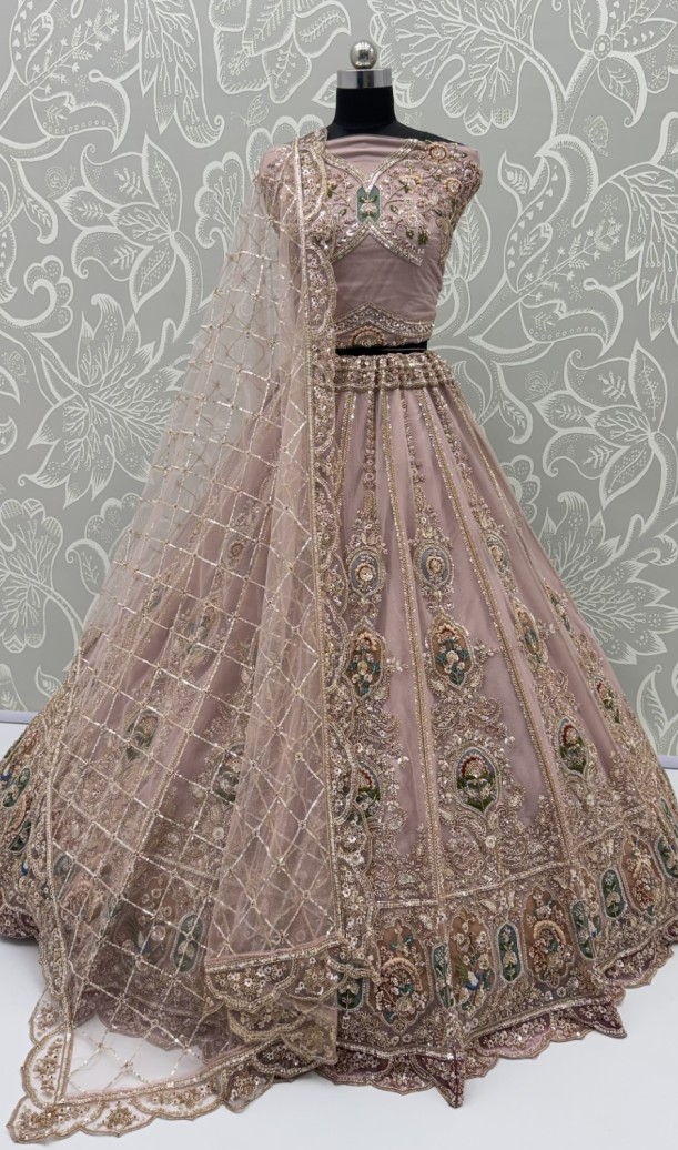 Light Pink Net Golden Beads ,Multi-color Thread, Sequin Handwork Semi-Stitched Lehenga Choli Light Pink Net Golden Beads ,Multi-color Thread, Sequin Handwork Semi-Stitched Lehenga Choli