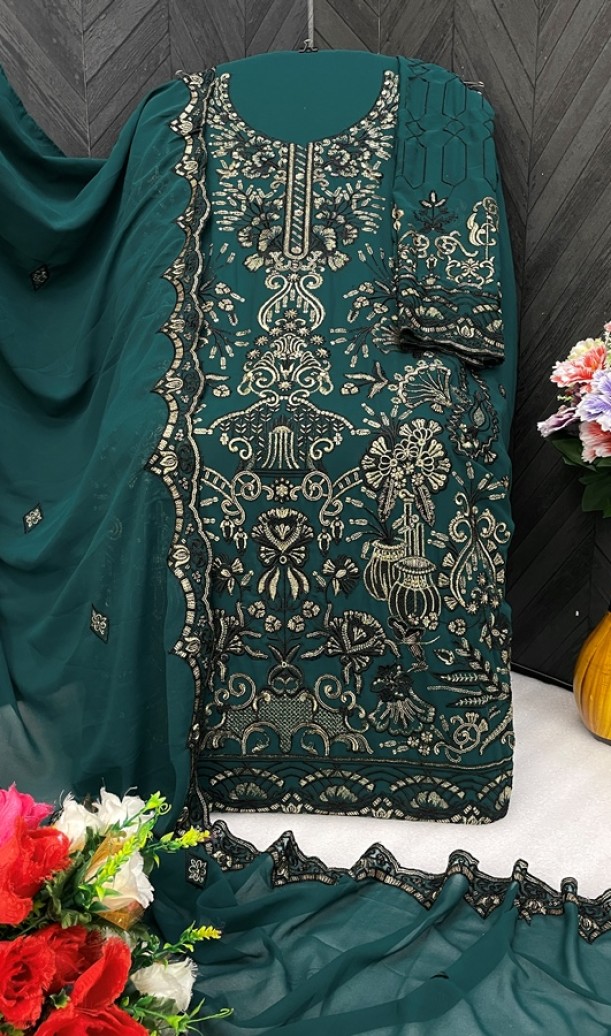 dark green Heavy Faux Georgette Embroidered Salwar Kameez