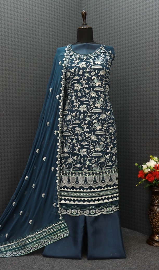 Faux Georgette Mehendi Sangeet Salwar Kameez in Blue with Sequence work Faux Georgette Mehendi Sangeet Salwar Kameez in Blue with Sequence work