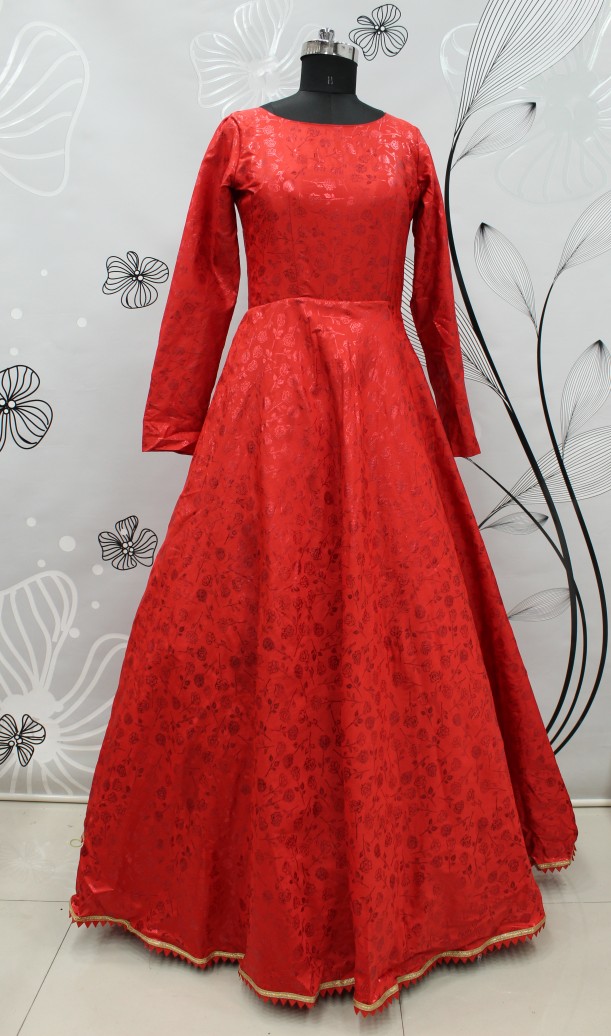 Cherry Red Foil Print Taffeta Gown