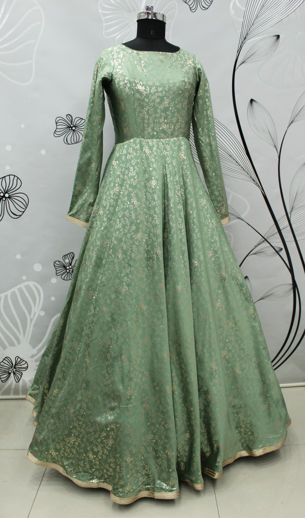 Pista Green Taffeta With Designer Foil Printed Gown