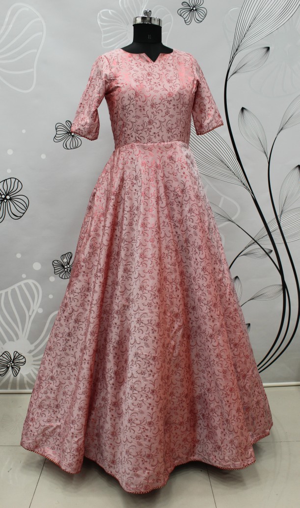 Pink Metallic Foilage Taffeta Silk Evening Long Gown Semi stitched