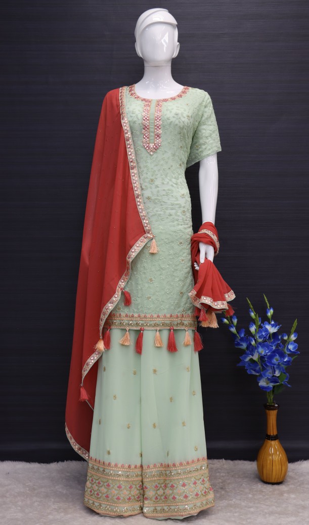 Pista colour Beautifully Embroidered Festive Palazzo Suit