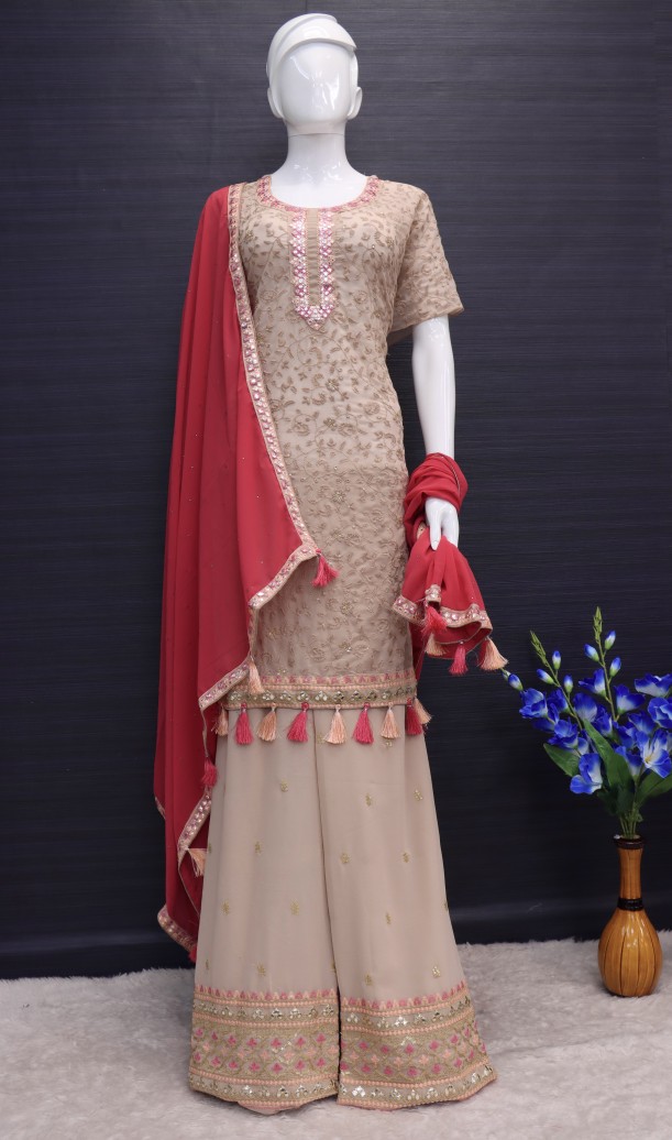 Beige Mauve Beautifully Embroidered Festive Palazzo Suit