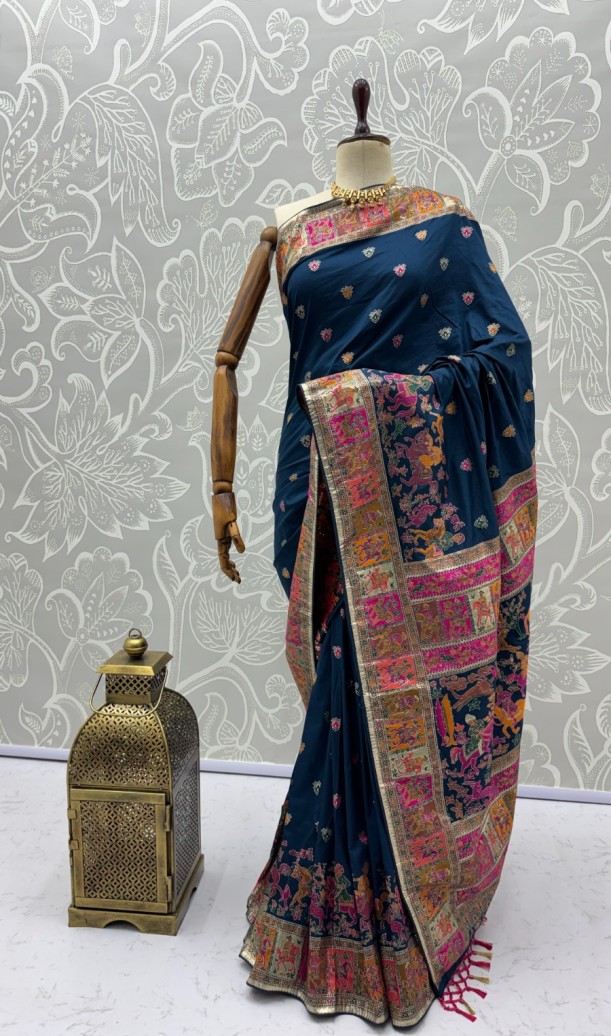 Marvelous Navy Blue Zari Work Pashmina Silk Saree With Blouse