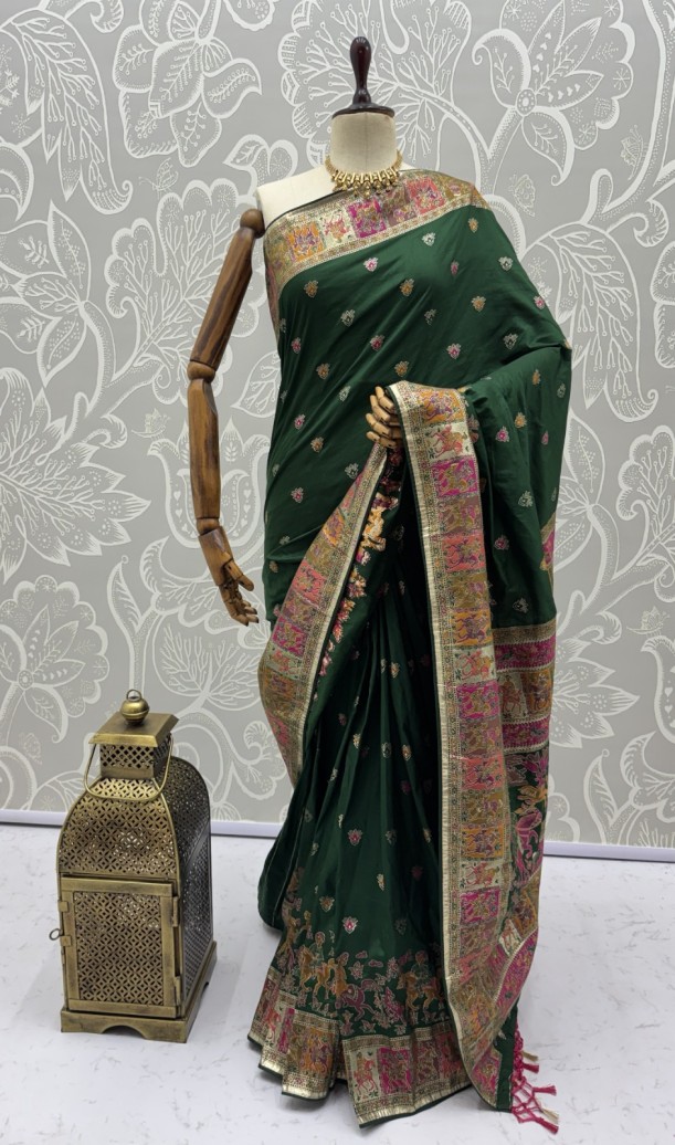 Astonishing Bottle Green Zari Work Pashmina Mehendi Wear Saree With Blouse