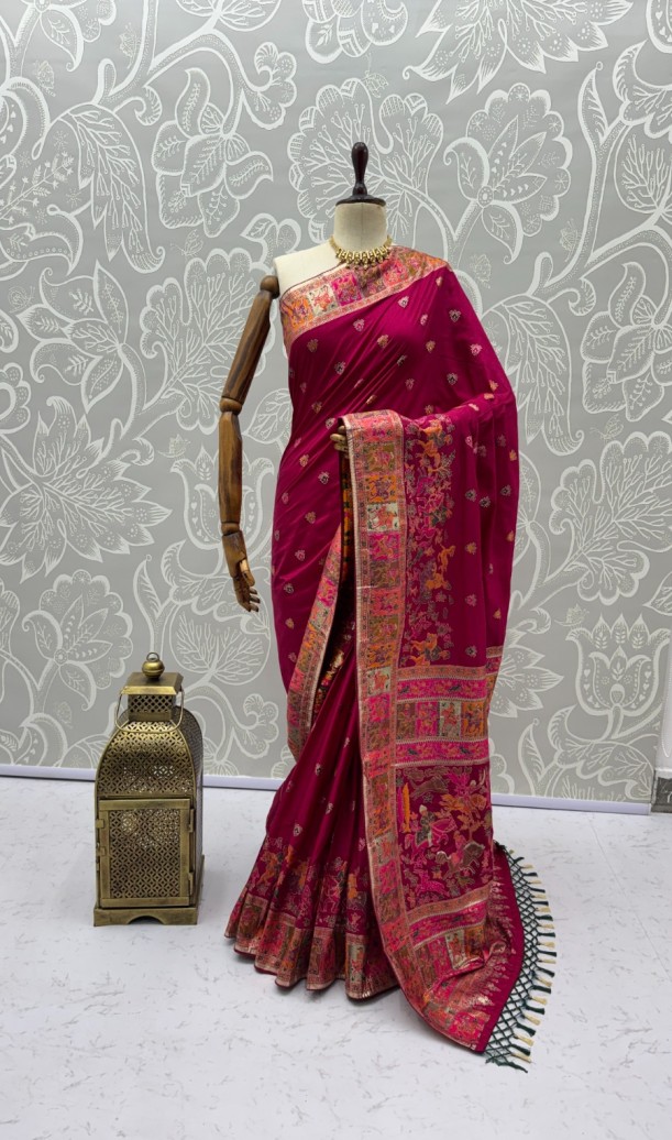 Dreamy Rani Pink Zari Work Pashmina Silk Engagement Wear Saree With Blouse