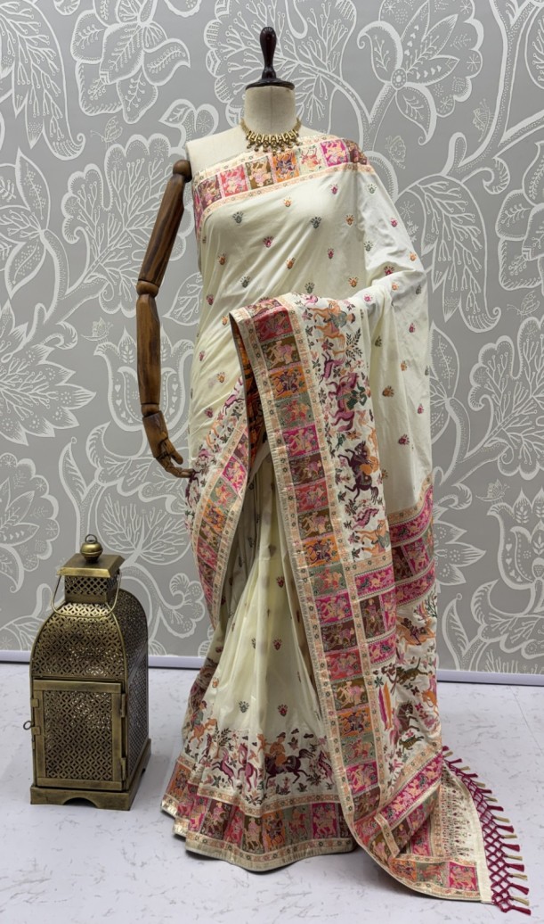 Excellent Cream Zari Work Pashmina Silk Festive Wear Saree With Blouse