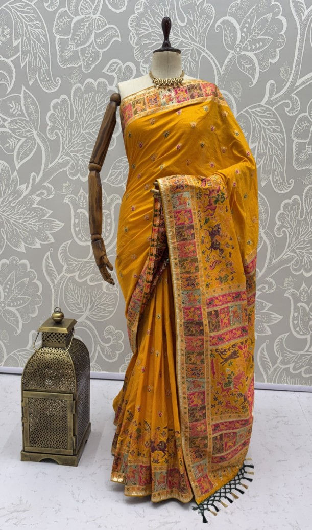 Exclusive Mustard Yellow Zari Work Pashmina Silk Haldi Wear Saree With Blouse