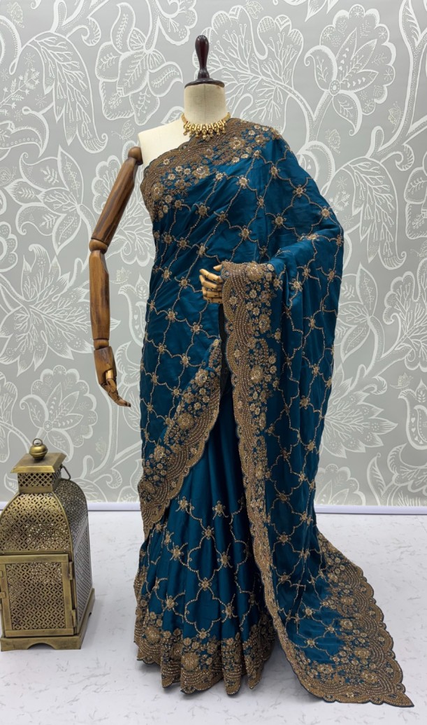 Prussian Blue Premium Satin Silk Wedding Designer Saree Prussian Blue Premium Satin Silk Wedding Designer Saree