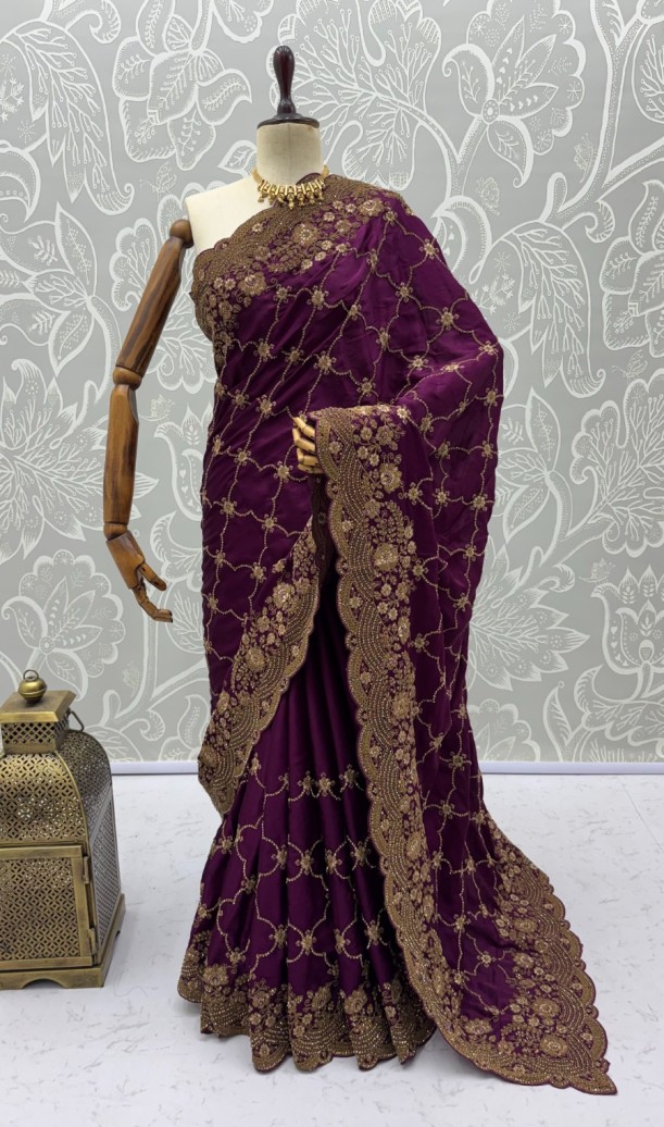 Plum Purple Premium Satin Silk Wedding Designer Saree Plum Purple Premium Satin Silk Wedding Designer Saree