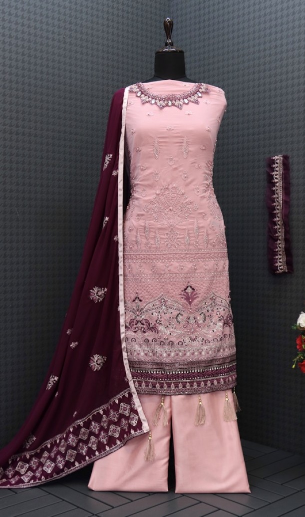 Georgette Fabric Embroidered Work Pink Sleeveless Kurta Sharara Set with Dupatta