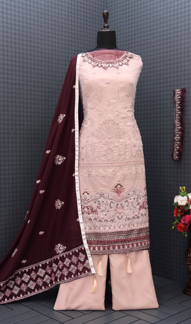 Georgette Fabric Embroidered Work Pink Sleeveless Kurta Sharara Set with Dupatta