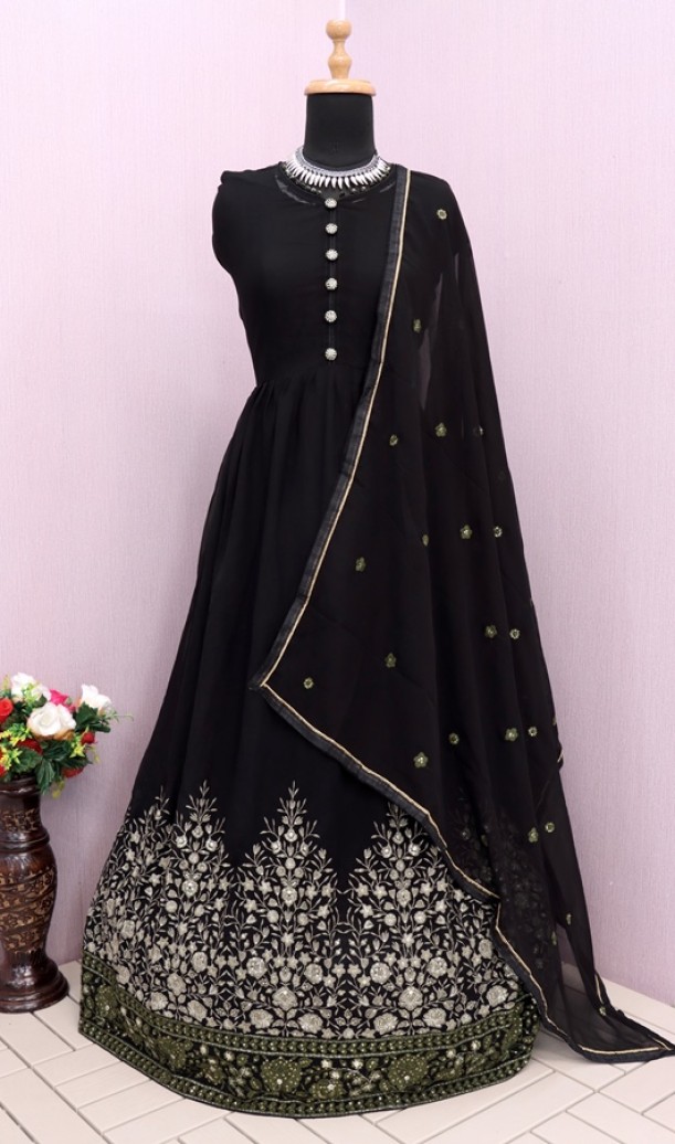 GOLD FAUX GEORGETTE WITH EMBROIDERY WORK ANARKALI SALWAR KAMEEZ GOLD FAUX GEORGETTE WITH EMBROIDERY WORK ANARKALI SALWAR KAMEEZ