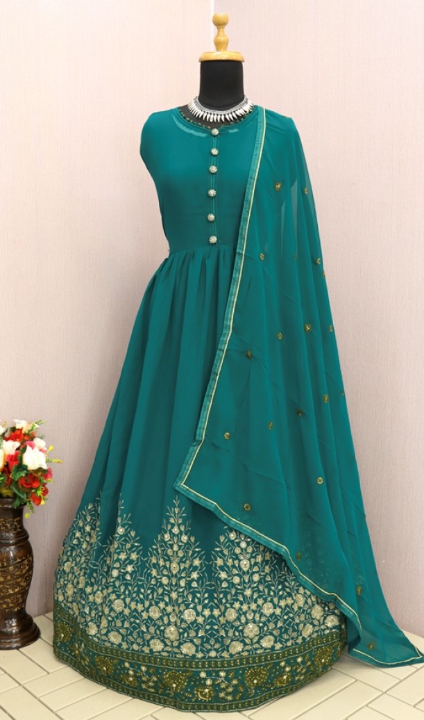 GOLD FAUX GEORGETTE WITH EMBROIDERY WORK ANARKALI SALWAR KAMEEZ GOLD FAUX GEORGETTE WITH EMBROIDERY WORK ANARKALI SALWAR KAMEEZ