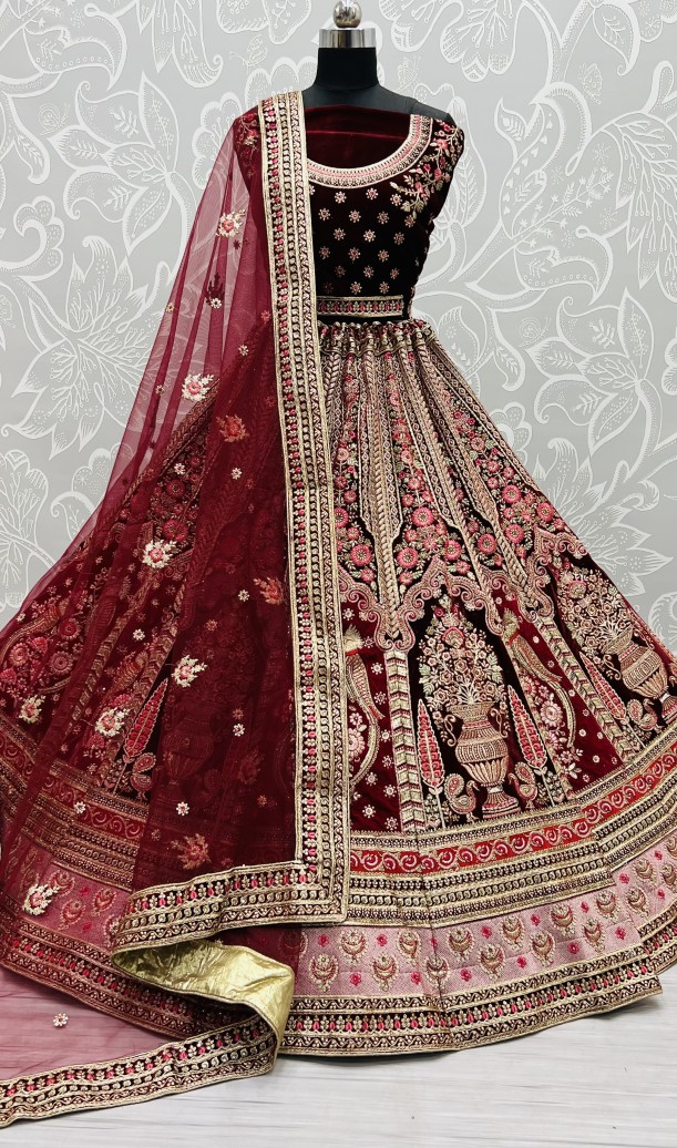 Velvet Wedding Lehenga Choli Maroon in Embroidered