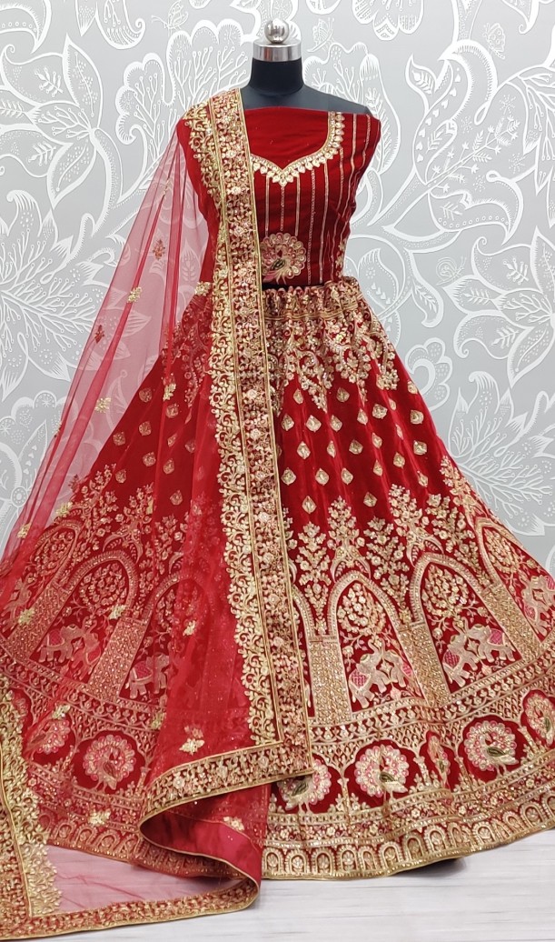 Velvet Embroidery Lehenga Choli In Red Colour