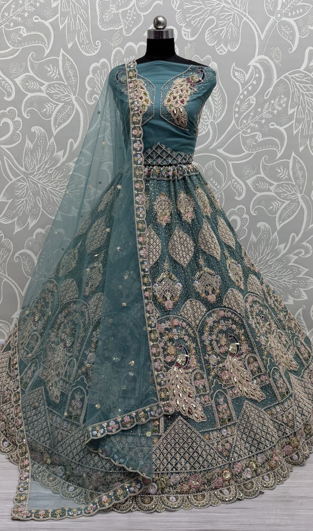 Outstanding blue Dori Embroidery with Heavy Diamond Embedded Peacock pattern with Sequins work Designer Partywear Lehenga choli