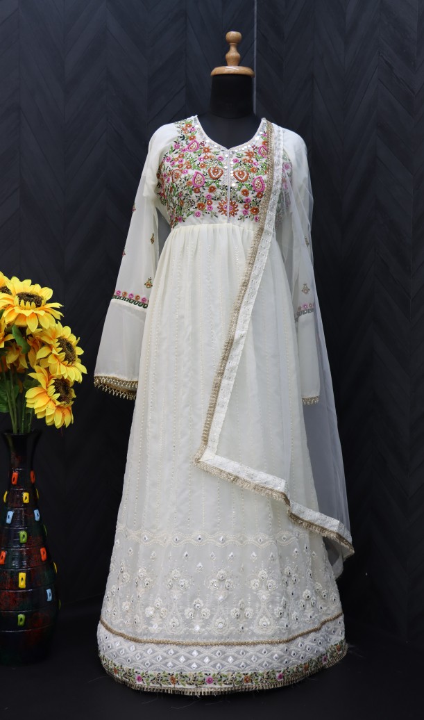 Georgette Fabric Function Wear Embroidered white Color Anarkali Suit